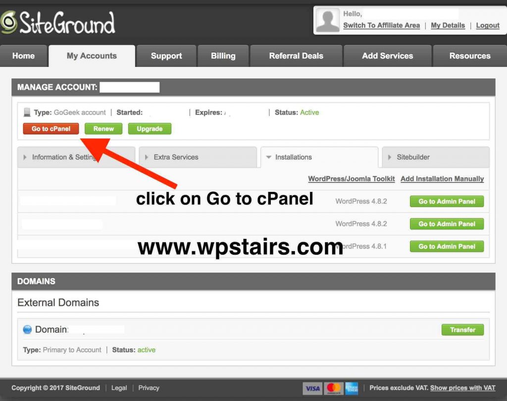 Click on go to cpanel 